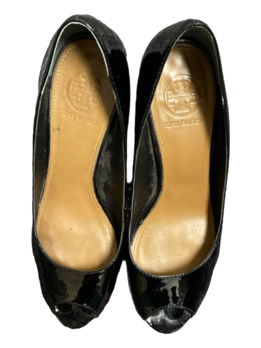 Tory Burch Shoe Size 9 Black Patent Leather Peep Toe Stacked Heel Pumps Black / 9