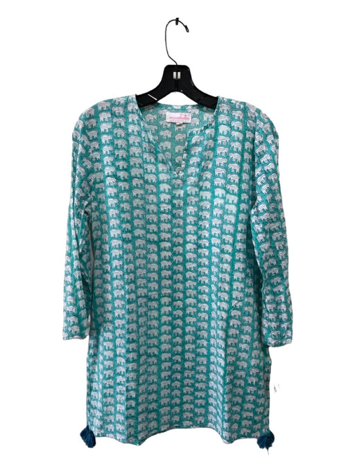 Mary Marshmallow Size S Turquoise Print Cotton Elephant Long Sleeve Coverup Turquoise Print / S