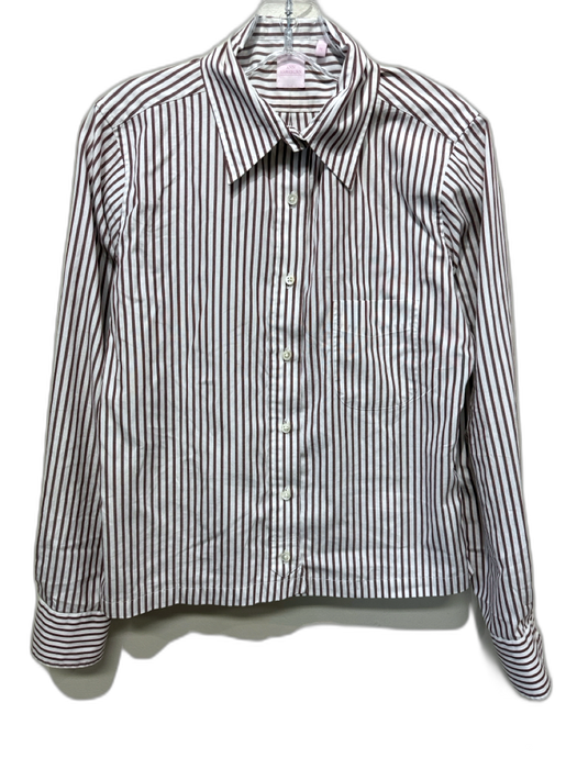 Ann Mashburn Size Medium White & Brown Print Cotton Stripe Button Down Top White & Brown Print / Medium