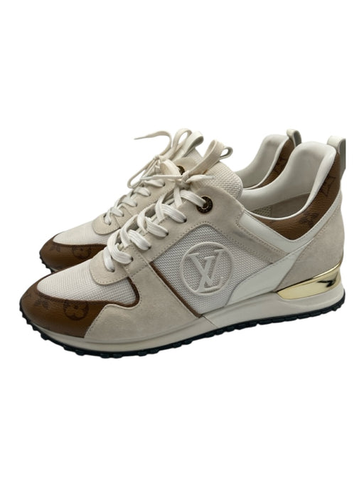 Louis Vuitton Shoe Size 42 White, Brown & Gold Synthetic Suede Monogram Sneakers White, Brown & Gold / 42