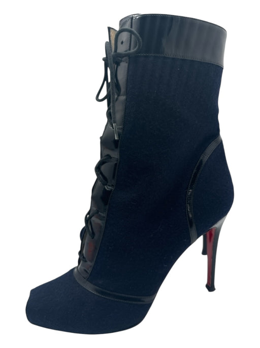 Christian Louboutin Shoe Size 42 Navy & Black Wool & Patent Calf High Booties Navy & Black / 42