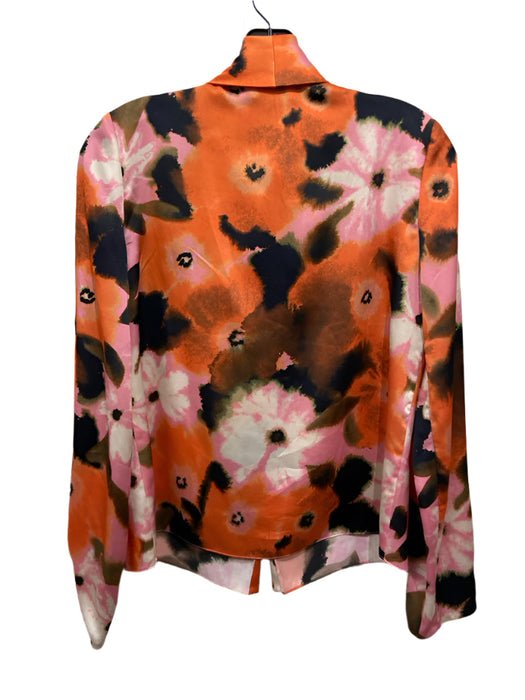 Tanya Taylor Size XS Orange, Pink & Black Polyester V Tie Neck Long Sleeve Top