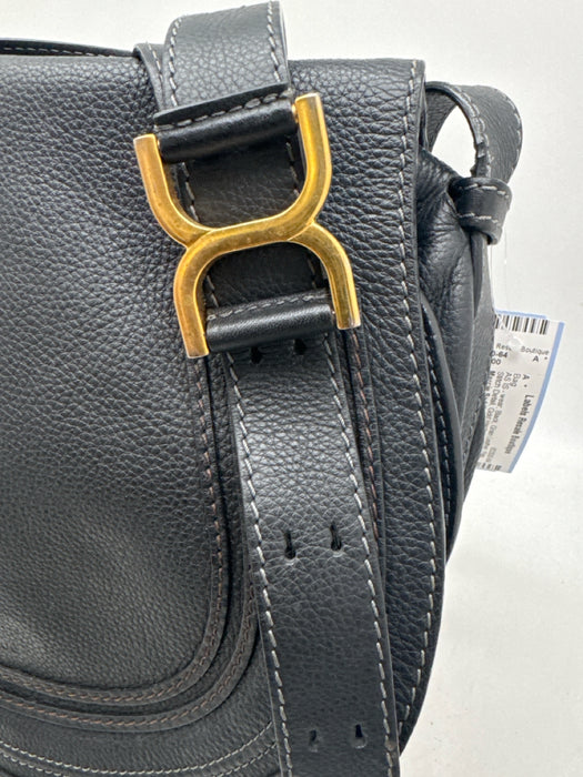 Chloe Black Grained Leather Flap Stitch Detail Gold Hardware Crossbody Strap Bag