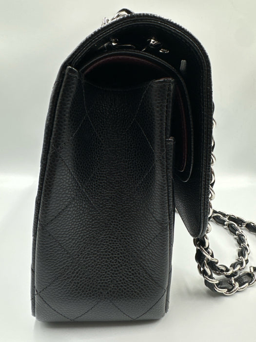 Chanel Black Caviar Leather Chain Strap Quilted Double Flap Silver hardware Bag