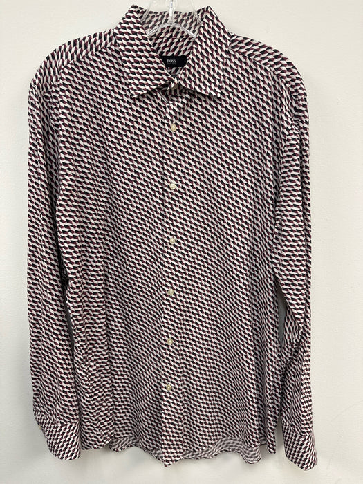 Boss Size 16 Red & White Cotton Blend Abstract Button Up Men's Long Sleeve Shirt
