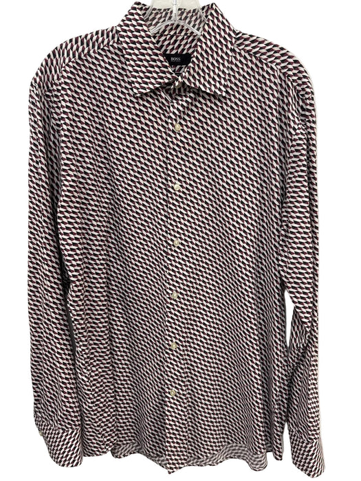 Boss Size 16 Red & White Cotton Blend Abstract Button Up Men's Long Sleeve Shirt