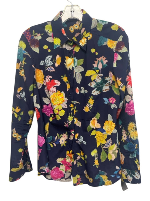 Etro Size 40 navy blue & multi Silk Blend Floral Long Sleeve Button Up Top navy blue & multi / 40