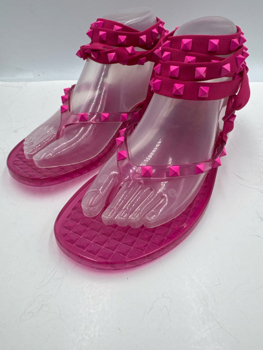 Valentino Shoe Size 38 Pink PVC Wedge Rock Studs Ankle Wrap Thong Sandals