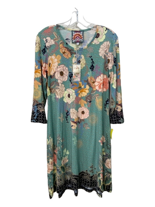 Johnny Was Size S Green & Multi Viscose Floral Round Neck 3/4 Sleeve Midi Dress Green & Multi / S