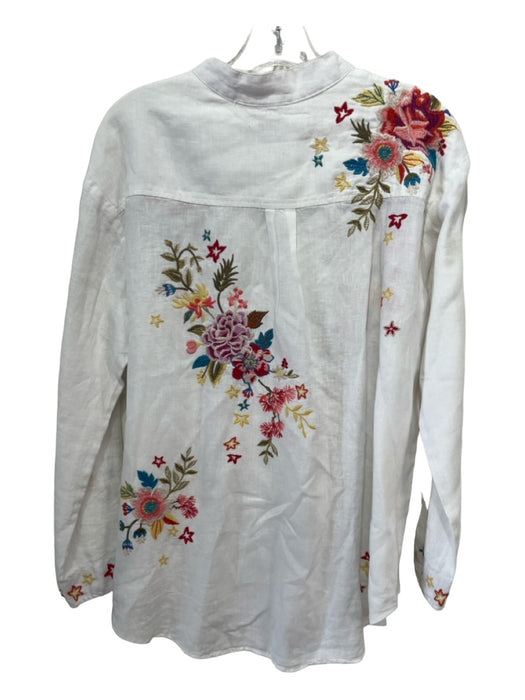 Johnny Was Size S White & Multi Linen Floral Embroidered Collared Button Up Top White & Multi / S