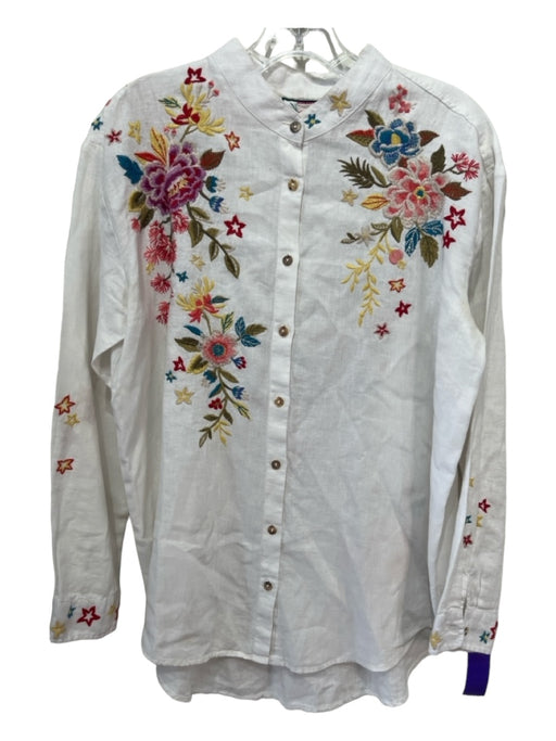 Johnny Was Size S White & Multi Linen Floral Embroidered Collared Button Up Top White & Multi / S