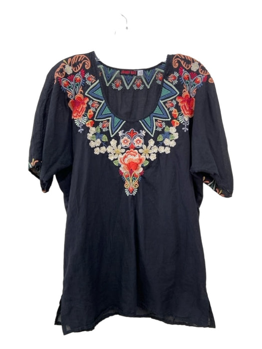 Johnny Was Size M Black & Multi Floral Embroidered U Neck 1/2 sleeve Top Black & Multi / M