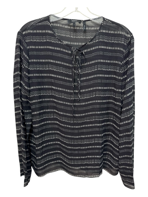Theory Size L Black & Cream Silk Semi Sheer dashed stripe keyhole front Top Black & Cream / L