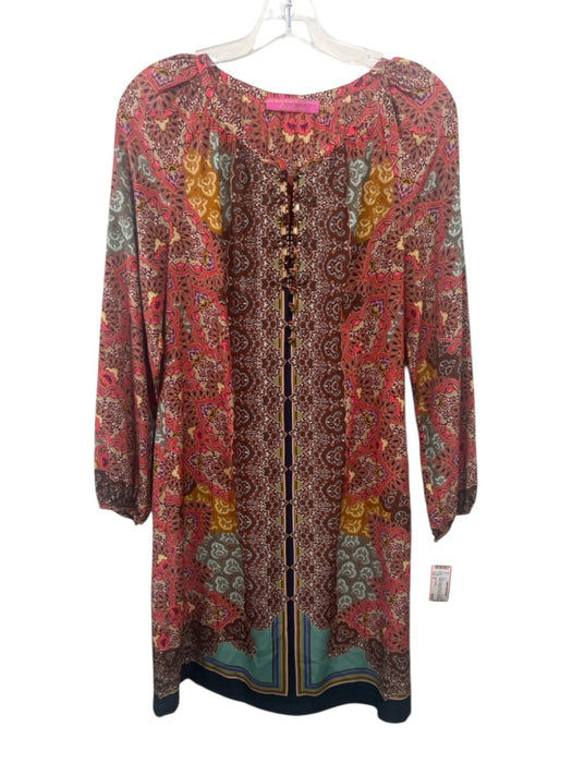 Robert Graham Size 8 Orange, Brown & Multi Silk Long Sleeve 1/4 Button Dress Orange, Brown & Multi / 8
