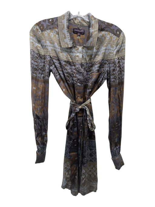Hale Bob Size M Steel Gray &  Brown Silk Long Sleeve Abstract Floral Dress Steel Gray &  Brown / M
