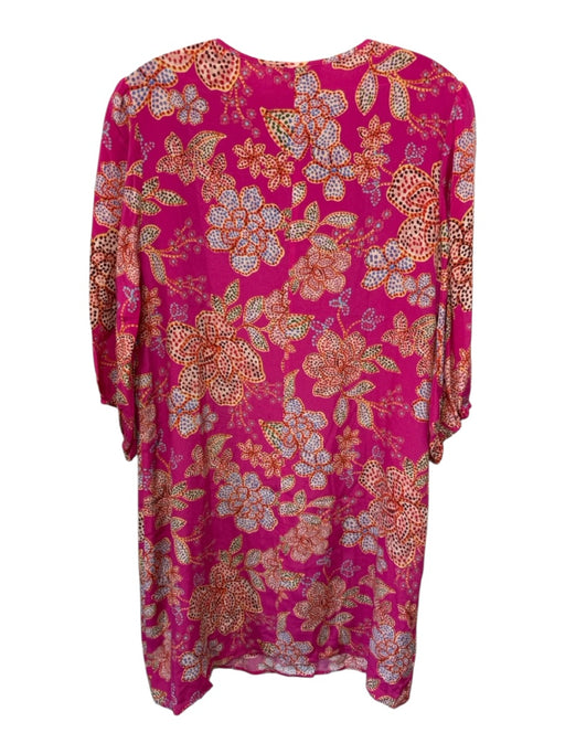 Johnny Was Size S Fuchsia, Orange & Multi Silk 3/4 Sleeve Keyhole Tie Neck Dress Fuchsia, Orange & Multi / S