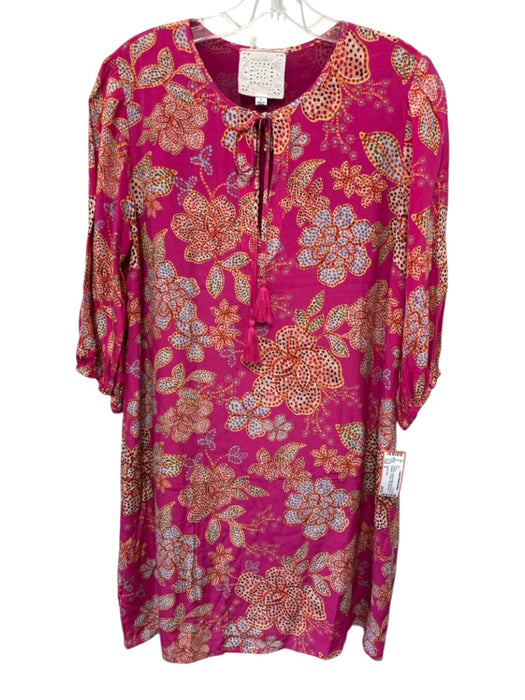 Johnny Was Size S Fuchsia, Orange & Multi Silk 3/4 Sleeve Keyhole Tie Neck Dress Fuchsia, Orange & Multi / S