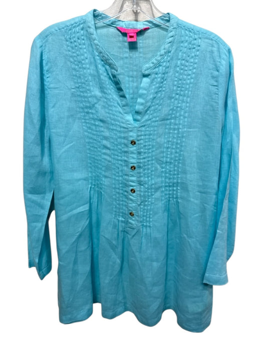 Lilly Pulitzer Size M Light Blue Linen Long Sleeve Split V neckline pleats Top Light Blue / M