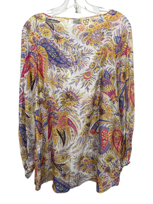 Etro Size 44 White & Multi Cotton & Silk Long Sleeve All Over Print Tie Neck Top White & Multi / 44