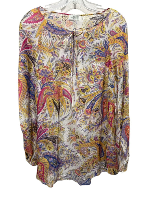 Etro Size 44 White & Multi Cotton & Silk Long Sleeve All Over Print Tie Neck Top White & Multi / 44