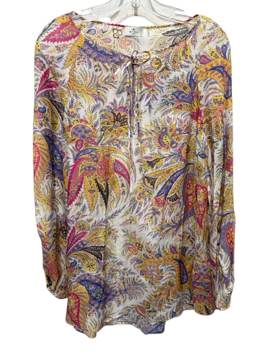 Etro Size 44 White & Multi Cotton & Silk Long Sleeve All Over Print Tie Neck Top White & Multi / 44