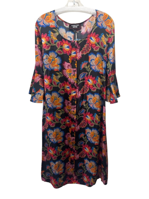 Johnny Was Size S Black, Red & Blue Silk Long Flare Sleeve Floral Maxi Dress Black, Red & Blue / S