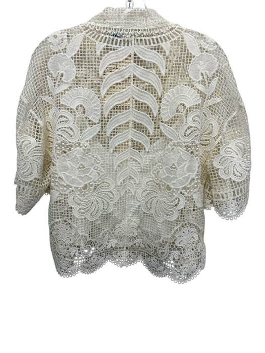 Farm Rio Size M Cream Polyester Crochet Open Knit 1/2 Sleeve Scallop Hem Top Cream / M
