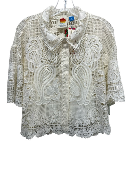 Farm Rio Size M Cream Polyester Crochet Open Knit 1/2 Sleeve Scallop Hem Top Cream / M