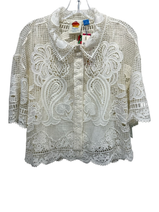 Farm Rio Size M Cream Polyester Crochet Open Knit 1/2 Sleeve Scallop Hem Top Cream / M
