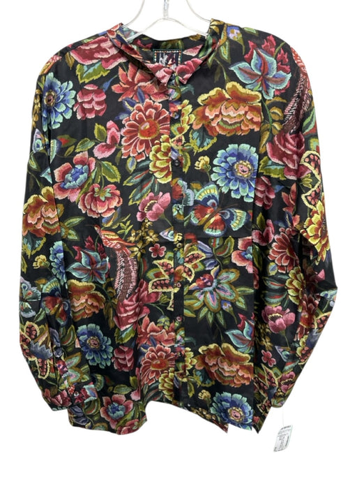Johnny Was Size S Black, Red & Blue Silk Long Sleeve Floral & Butterfly Top Black, Red & Blue / S
