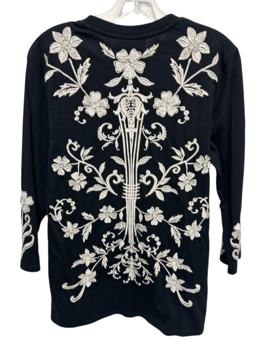 Johnny Was Size M Black & Cream Cotton Long Sleeve Floral Embroidery Top Black & Cream / M