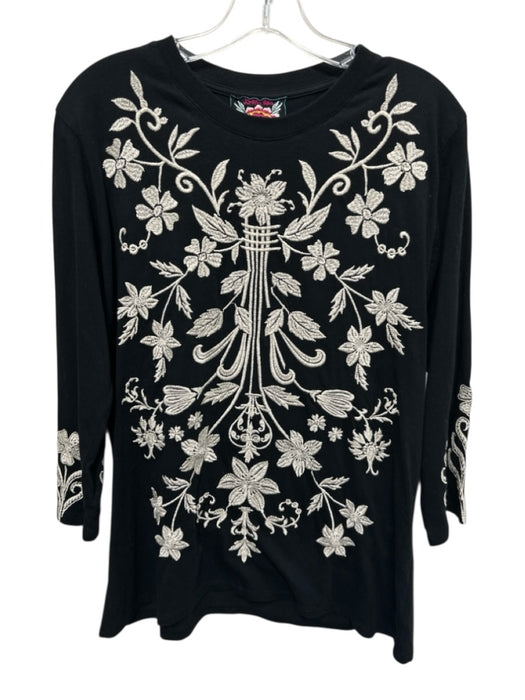 Johnny Was Size M Black & Cream Cotton Long Sleeve Floral Embroidery Top Black & Cream / M