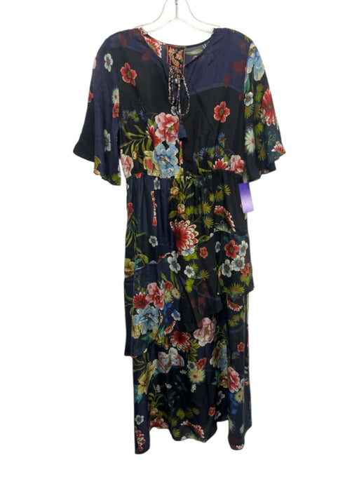 Johnny Was Size Small Black, Blue & Brown Cotton Blend Short Sleeve Floral Dress Black, Blue & Brown / Small