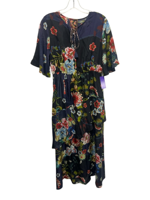 Johnny Was Size Small Black, Blue & Brown Cotton Blend Short Sleeve Floral Dress Black, Blue & Brown / Small