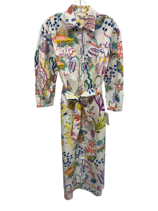 Banjanan Size Est M White & Multi Cotton Blend Long Sleeve Coral Reef Dress White & Multi / Est M