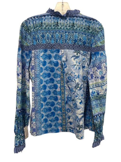 Hale Bob Size Medium Blue & Green Cotton Long Sleeve Mixed Print Lace Trim Top Blue & Green / Medium