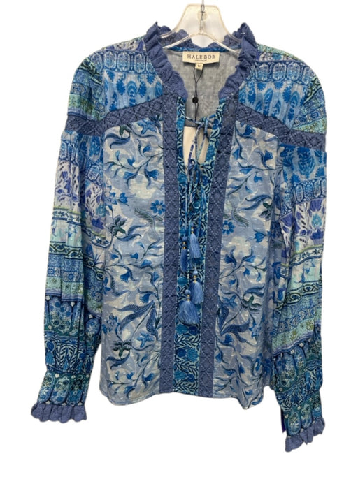 Hale Bob Size Medium Blue & Green Cotton Long Sleeve Mixed Print Lace Trim Top Blue & Green / Medium