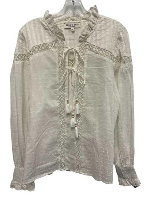Hale Bob Size Large White Cotton Long Sleeve Swiss Dot eyelet Tie Neck Top White / Large