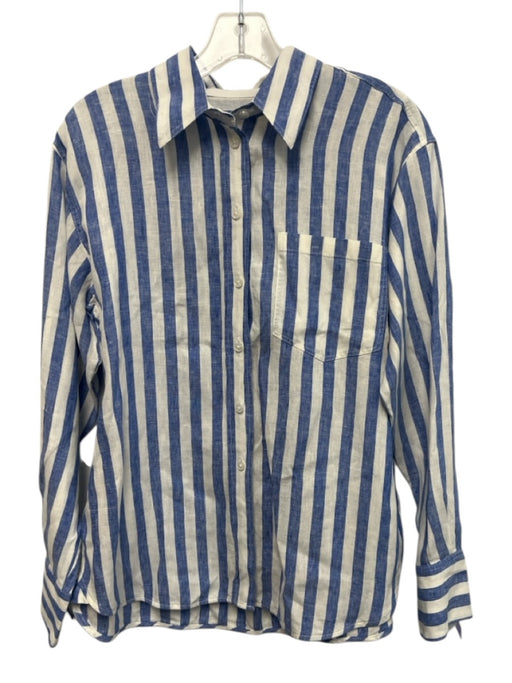 Boden Size 8 Blue & White Linen Long Sleeve Striped Button Front Collar Top Blue & White / 8