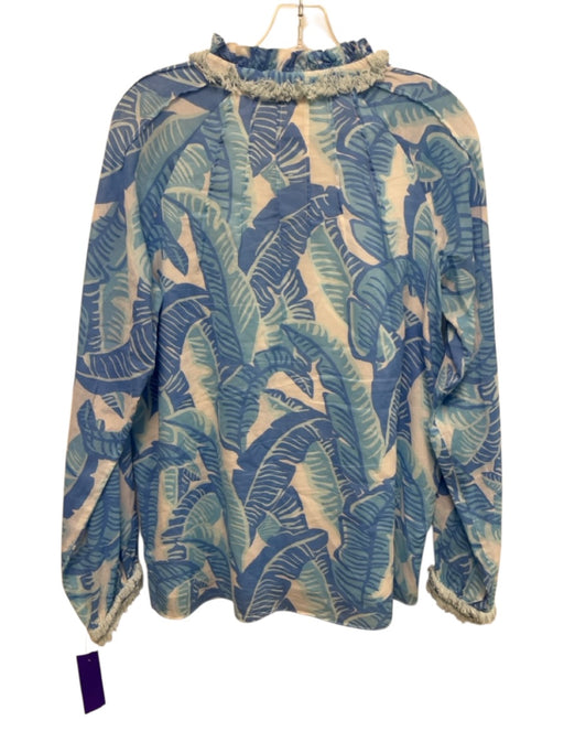 Sail To Sable Size Medium Blue & White Cotton Long Sleeve Leaves Fringe Top Blue & White / Medium