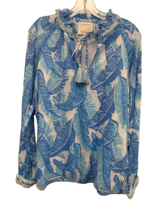 Sail To Sable Size Medium Blue & White Cotton Long Sleeve Leaves Fringe Top Blue & White / Medium