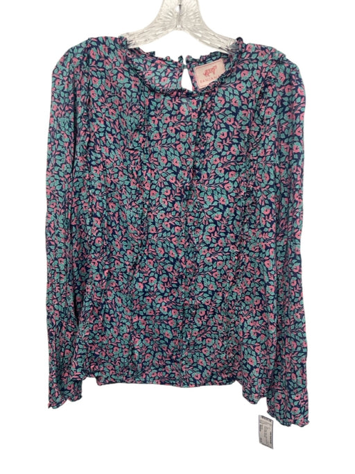 Banjanan Size Medium Pink, Green, Navy Cotton Long Sleeve Floral Ruffle Top Pink, Green, Navy / Medium