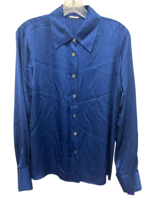 Elie Tahari Size Medium Blue Silk Long Sleeve Button Front Satin Collar Top Blue / Medium
