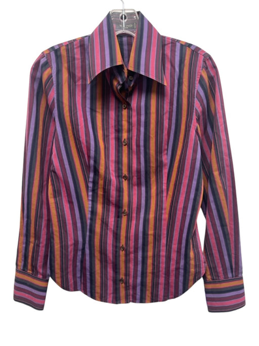 Etro Size 40 Purple, Pink, Brown Cotton Blend Long Sleeve Striped Collar Top Purple, Pink, Brown / 40
