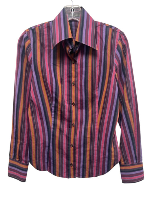 Etro Size 40 Purple, Pink, Brown Cotton Blend Long Sleeve Striped Collar Top Purple, Pink, Brown / 40