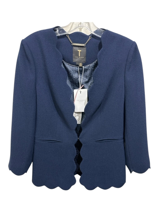 Ted Baker Size 1/S Navy Blue Polyester Scallop Detail Hook & Eye Jacket Navy Blue / 1/S