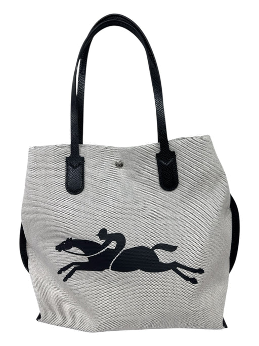 Longchamp Gray & Black Canvas & Leather Top Handle Logo Text Clasp closure Bag Gray & Black / L