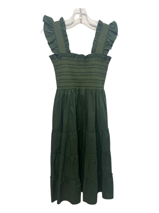 Hill House Size M Green Cotton Ruffle Sleeves Smocked Bodice Tiered Skirt Dress Green / M