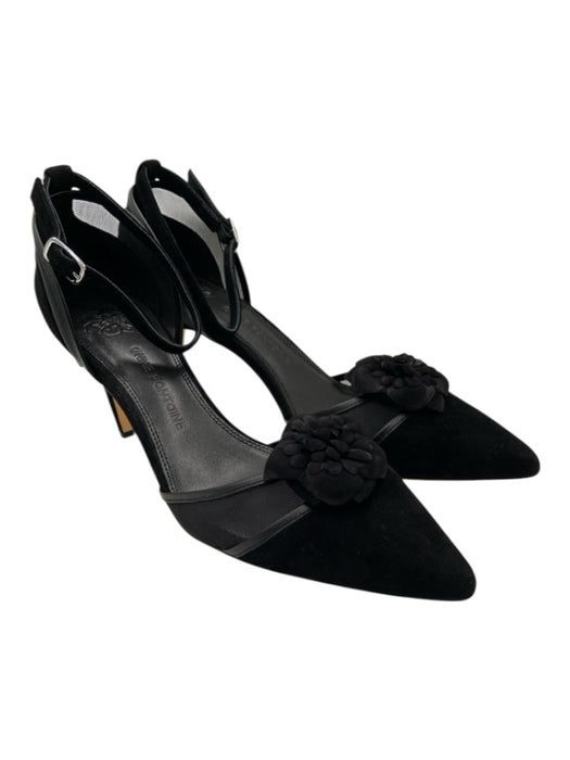 Anne Fontaine Shoe Size 41 Black Suede Mesh Panel Fabric Block Ankle Strap Pumps Black / 41