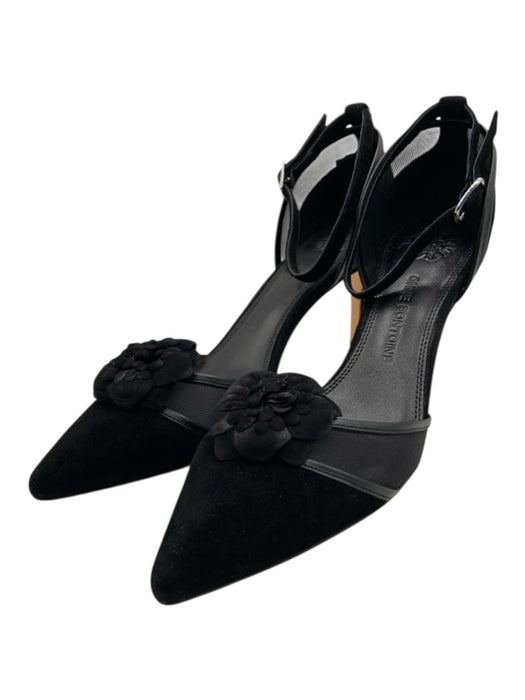 Anne Fontaine Shoe Size 41 Black Suede Mesh Panel Fabric Block Ankle Strap Pumps Black / 41